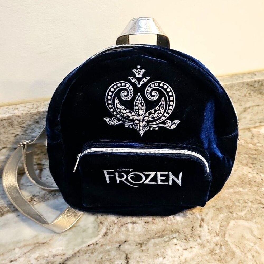 Disney Frozen Dark Blue Velvet Mini Backpack With Bedazzled Jewel Design EUC